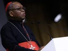 Nigerian Cardinal John Onaiyekan speaks at the International Eucharistic Congress in Budapest, Hungary, Sept. 9, 2021.